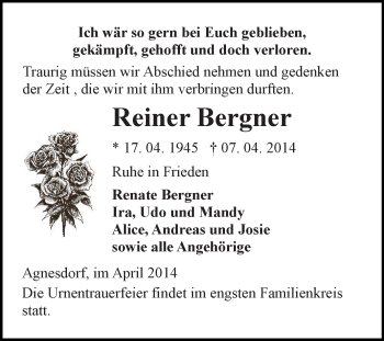 Traueranzeige von Reiner Bergner von Super Sonntag SGH Mansf. Land