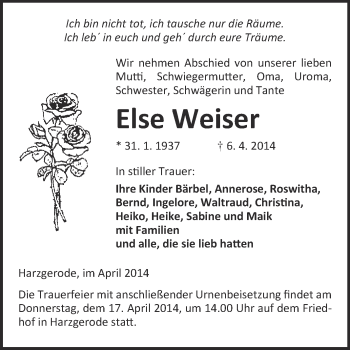 Traueranzeige von Else Weiser von WVG - Wochenspiegel Quedlinburg