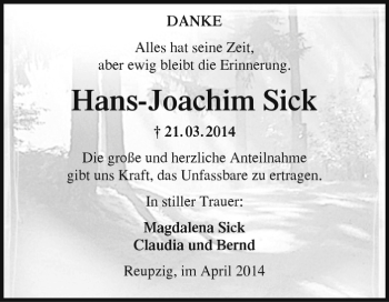 Traueranzeige von Hans-Joachim Sick von Super Sonntag Dessau / Köthen