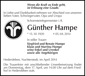 Traueranzeige von Günther Hampe von WVG - Wochenspiegel Quedlinburg