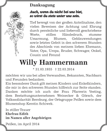 Traueranzeige von Willy Hammermann von Super Sonntag Bernburg