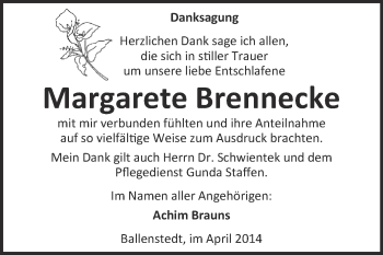 Traueranzeige von Margarete Brennecke von WVG - Wochenspiegel Quedlinburg