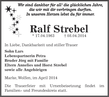 Traueranzeige von Ralf Strebel von WVG - Wochenspiegel Bitterfeld