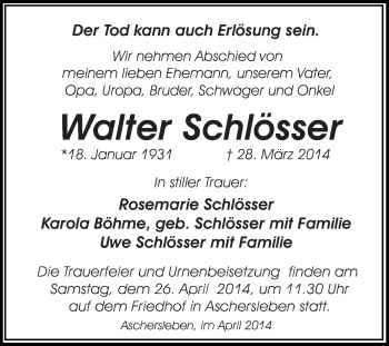 Traueranzeige von Walter Schlösser von WVG - Wochenspiegel Quedlinburg