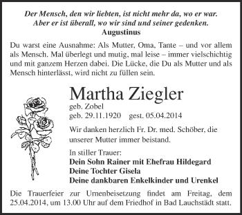 Traueranzeige von Martha Ziegler von Super Sonntag Merseburg