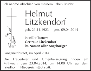Traueranzeige von Helmut Litzkendorf von WVG - Wochenspiegel Merseburg