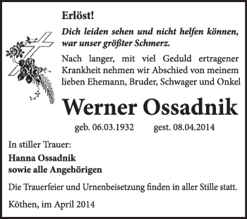 Traueranzeige von Werner Ossadnik von Super Sonntag Dessau / Köthen