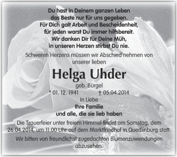 Traueranzeige von Helga Uhder von WVG - Wochenspiegel Quedlinburg
