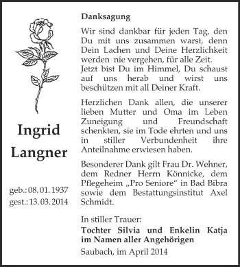 Traueranzeige von Ingrid Langner von WVG - Wochenspiegel NMB / WSF / ZTZ