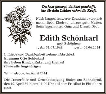 Traueranzeige von Edith Schönkarl von Super Sonntag SGH Mansf. Land