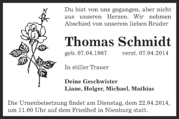 Traueranzeige von Thomas Schmidt von Super Sonntag Bernburg
