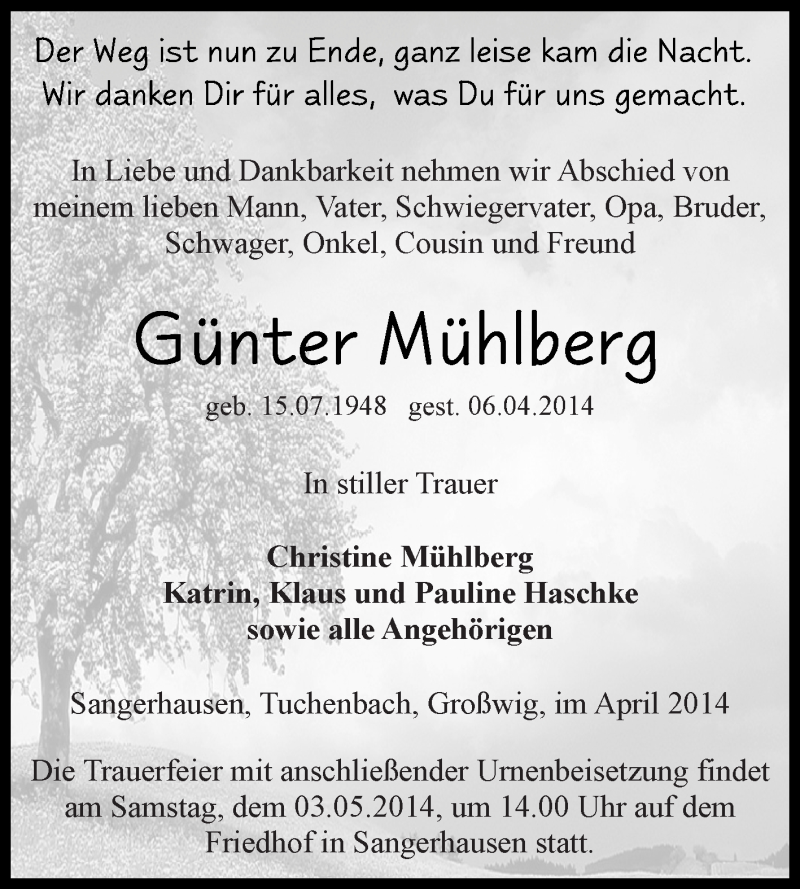  Traueranzeige für Günter Mühlberg vom 20.04.2014 aus Super Sonntag SGH Mansf. Land