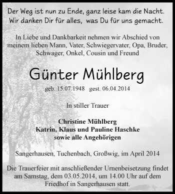 Traueranzeige von Günter Mühlberg von Super Sonntag SGH Mansf. Land
