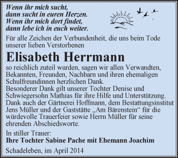 Traueranzeige von Elisabeth Herrmann von Super Sonntag Aschersleben