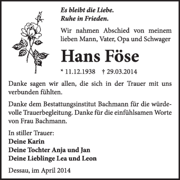 Traueranzeige von Hans Föse von Super Sonntag Dessau / Köthen