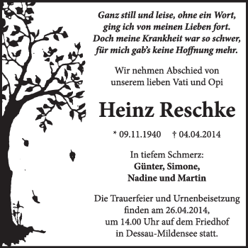 Traueranzeige von Heinz Reschke von Super Sonntag Dessau / Köthen