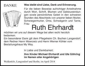 Traueranzeige von Ruth Ehrhardt von Super Sonntag Merseburg