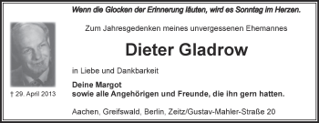 Traueranzeige von Dieter Gladrow von Super Sonntag Zeitz