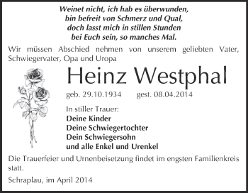 Traueranzeige von Heinz Westphal von Super Sonntag Merseburg