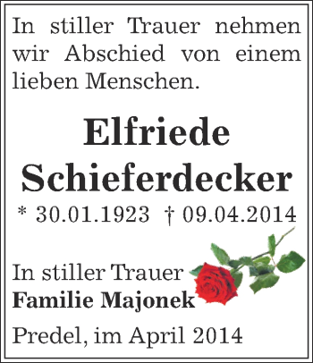 Traueranzeige von Elfriede Schieferdecker von Super Sonntag Zeitz