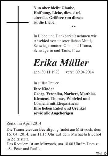 Traueranzeige von Erika Müller von Super Sonntag Zeitz