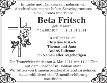 Traueranzeige von Beta Fritsch von WVG - Wochenspiegel Bitterfeld
