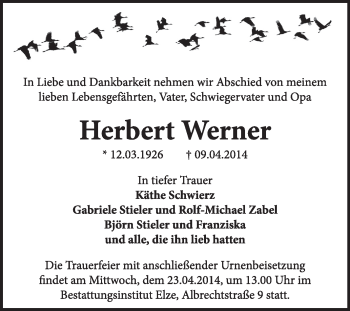Traueranzeige von Herbert Werner von Super Sonntag Dessau / Köthen