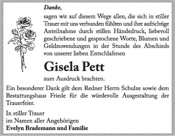 Traueranzeige von Gisela Pett von Super Sonntag Dessau / Köthen