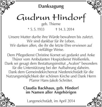 Traueranzeige von Gudrun Hindorf von Super Sonntag Merseburg