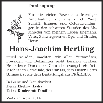 Traueranzeige von Hans-Joachim Hertling von Super Sonntag Zeitz