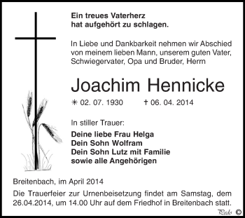 Traueranzeige von Joachim Hennicke von Super Sonntag Zeitz