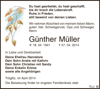 Traueranzeige von Günther Müller von Super Sonntag Zeitz