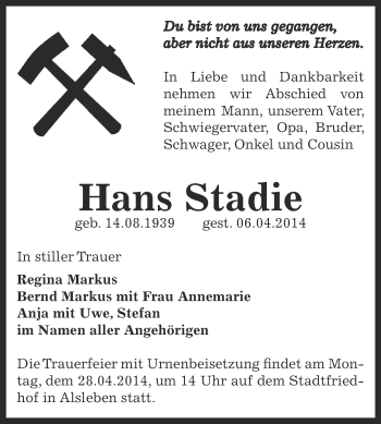 Traueranzeige von Hans Stadie von Super Sonntag Bernburg