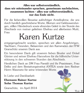 Traueranzeige von Karen Kurtze von WVG - Wochenspiegel NMB / WSF / ZTZ