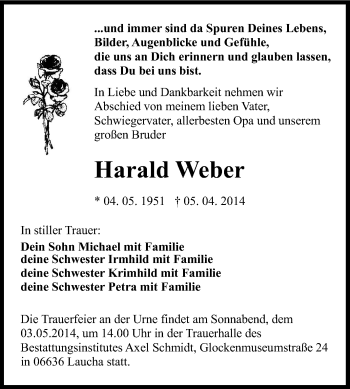 Traueranzeige von Harald Weber von WVG - Wochenspiegel NMB / WSF / ZTZ