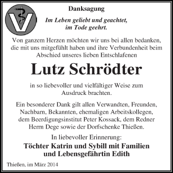 Traueranzeige von Lutz Schrödter von WVG - Wochenspiegel Dessau / Köthen