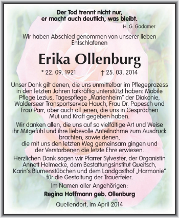 Traueranzeige von Erika Ollenburg von Super Sonntag Dessau / Köthen