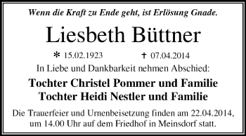 Traueranzeige von Liesbeth Büttner von Super Sonntag Dessau / Köthen