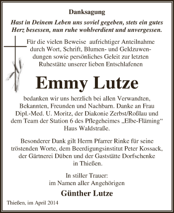 Traueranzeige von Emmy Lutze von WVG - Wochenspiegel Dessau / Köthen