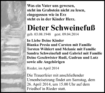Traueranzeige von Dieter Schweinefuß von WVG - Wochenspiegel Quedlinburg