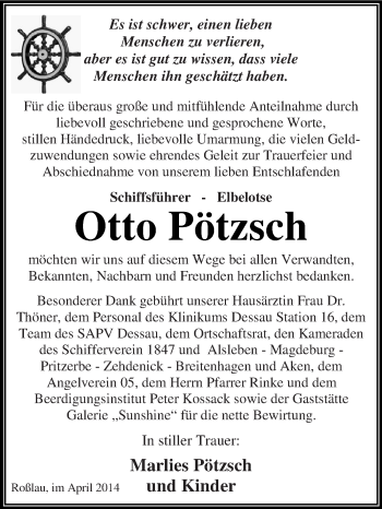 Traueranzeige von Otto Pötzsch von WVG - Wochenspiegel Dessau / Köthen