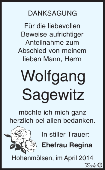 Traueranzeige von Wolfgang Sagewitz von WVG - Wochenspiegel NMB / WSF / ZTZ
