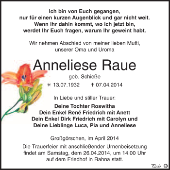 Traueranzeige von Anneliese Raue von WVG - Wochenspiegel NMB / WSF / ZTZ