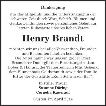 Traueranzeige von Henry Brandt von Super Sonntag Bernburg