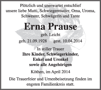 Traueranzeige von Erna Prause von Super Sonntag Dessau / Köthen