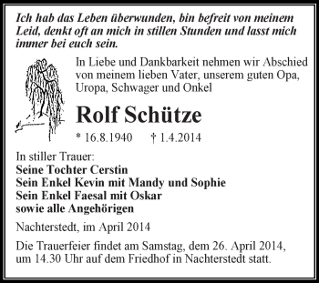 Traueranzeige von Rolf Schütze von WVG - Wochenspiegel Aschersleben