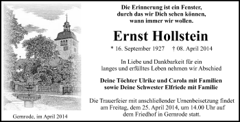 Traueranzeige von Ernst Hollstein von WVG - Wochenspiegel Quedlinburg
