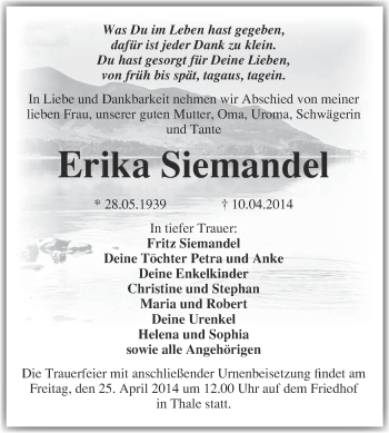 Traueranzeige von Erika Siemandel von WVG - Wochenspiegel Quedlinburg
