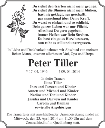 Traueranzeige von Peter Tiller von WVG - Wochenspiegel Quedlinburg