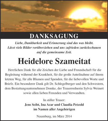 Traueranzeige von Heidelore Szameitat von WVG - Wochenspiegel NMB / WSF / ZTZ